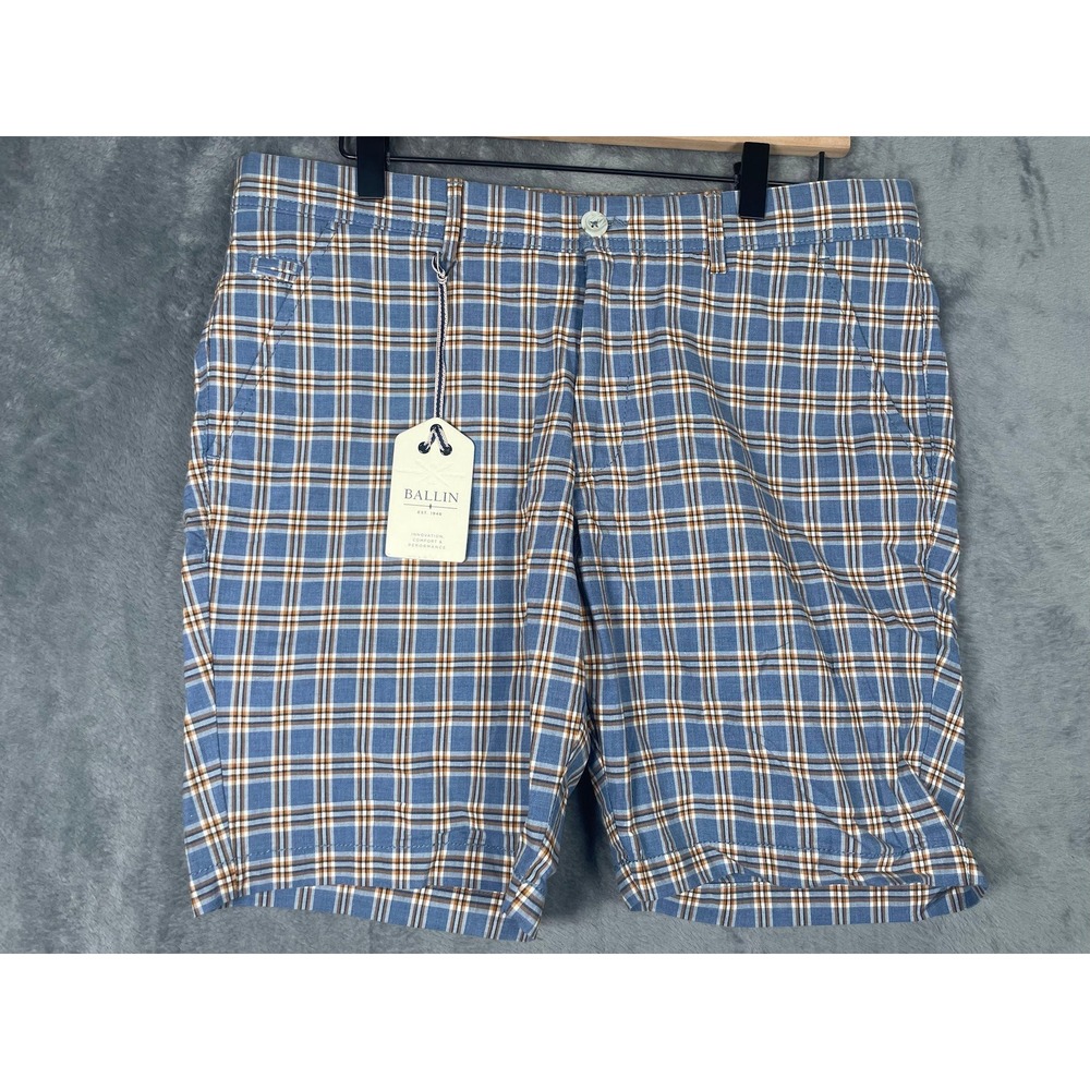NWT Ballin Mens Plaid Shorts Blue White Tan Flat Front Size 34